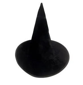 Black witch hat detail view, soft fabric texture for Halloween costume party wear.