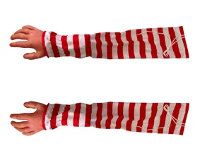 Detail view of Halloween bloody severed arm prop with red and white striped sleeve.