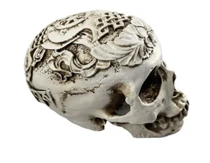 Resin carved human skull model, detailed Halloween and aquarium decoration ornament.
