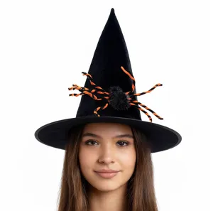 Halloween black witch hat with plush spider decoration, perfect for party costume and cosplay.