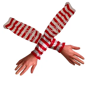Halloween bloody fake hand hanging decoration, scary striped zombie arm prop for party decor.