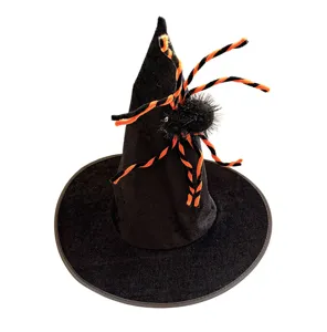 Halloween witch hat detail showcasing fuzzy black orange spider decoration costume prop.