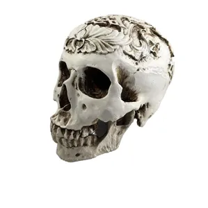 Resin skull model, Halloween human head bone figurine with carved details, aquarium decor.