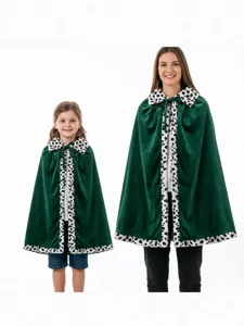 Matching parent-child green velvet cloak with dalmatian print collar for holiday costume party main