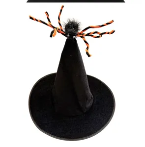 Halloween black witch hat with fuzzy orange and black spider decoration for party costume.
