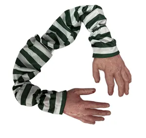 Halloween bloody severed arm detail showing realistic zombie hand texture and green striped sleeve prop.