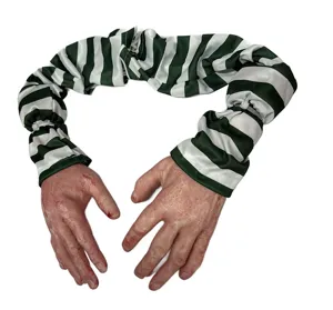 Halloween bloody fake hands props with green striped sleeves for spooky party decor.