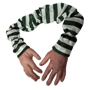 Halloween bloody severed fake hands props with green white striped sleeves spooky decor.