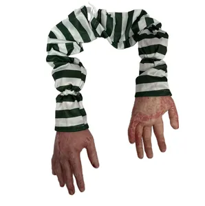 Halloween bloody fake arm hanging prop, striped prison sleeve detail for party decor.