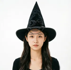 Black witch hat Halloween party headpiece with black roses and hanging bead chains