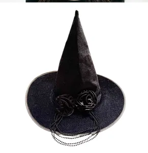 Halloween black witch hat with roses and beaded chains for party costume dress up accessory