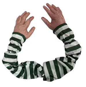 Halloween bloody fake hands prop with green striped sleeves for haunted house party decor.