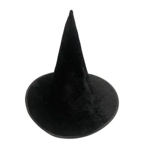 Black velvet witch hat detail shot, classic pointed costume accessory for Halloween parties.
