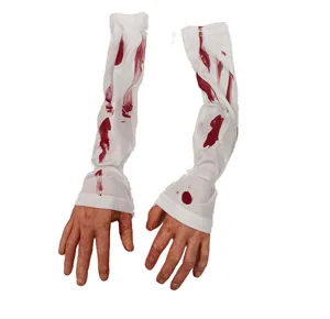 Halloween bloody fake hand prop detail, realistic severed arm decoration for spooky party decor.