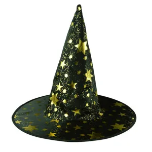 Detailed view of black witch hat with gold star patterns, magical party decoration prop.