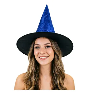 Gedetailleerd overzicht van de blauwe fluwelen heksenhoed voor Halloween feestkostuum