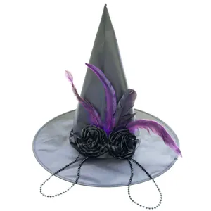 Cappello da Strega Appuntito Nero di Halloween in Stile Gotico Decorazione con Rose e Piume Copricapo da Festa per Donna Cosplay