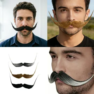 Baffi finti curvi oversize per costume da festa di Halloween, peli di simulazione realistici.