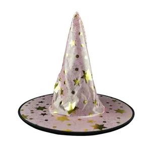 Pink Halloween witch hat with gold foil stars, perfect party costume accessory for festive decoration.