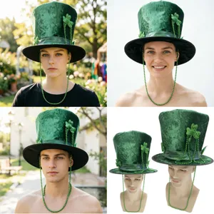 St. Patrick's Day Groene Hoge Hoed Klaver Party Hoed Met Kralenketting Veer Lint Voor Ierse Festival Kostuum Accessoires
