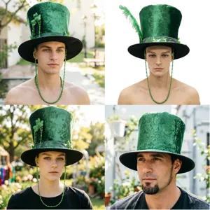 Groene fluwelen hoge hoed met klaverblad en kralenketting voor feestelijk gebruik.