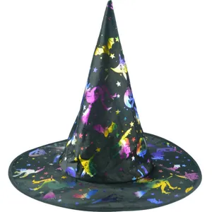 Halloween witch hat detail featuring colorful holographic bats, pumpkins, and stars on black fabric.