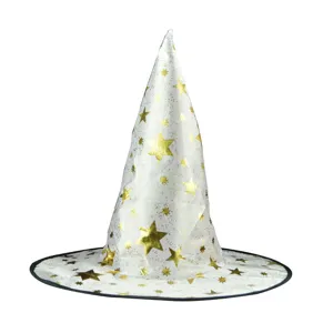 White witch hat with gold stars, perfect detail view for Halloween party costume decoration props.