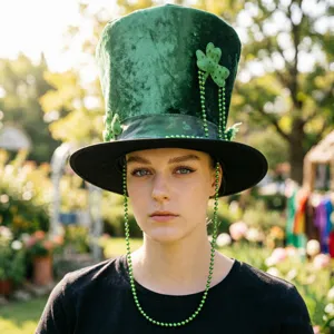 Groene fluwelen hoge hoed met klaverblad en kraaltjes voor Iers St Patrick feest en party.