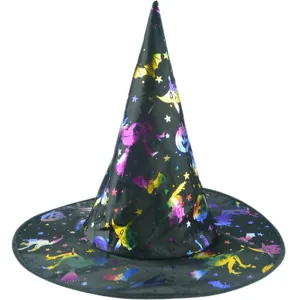 Halloween black witch hat with colorful holographic stars bats and pumpkins for party costumes.