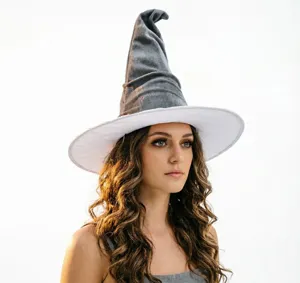 Detailed shot of a gray and white witch hat, slouchy pointed design for Halloween.