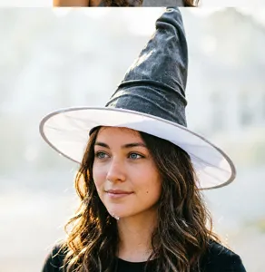 Grey witch hat for Halloween party, wizard pointed costume headwear with wide brim detail.