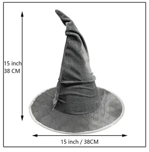 Grey velvet witch hat detail shot, showing 38 cm height and width dimensions clearly.