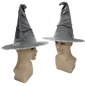 Grey witch hat Halloween wizard crinkled pointy cap party costume headwear detail display