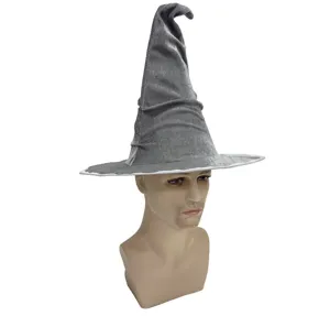 Grey wizard hat for Halloween party, pointed crinkle witch hat magician costume headwear.