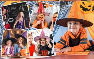 Halloween witch hat detail showcasing star and leaf prints, perfect for party props and costumes.