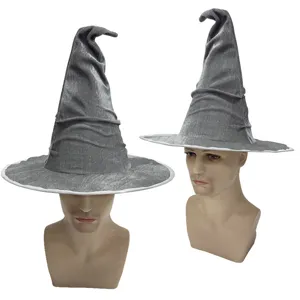 Grey pleated witch hat detail view, perfect for Halloween parties and magical costume events.