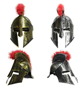 Close-up details of Spartan warrior helmet with red plume, gold and silver color options.