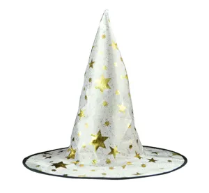 Detailed close-up of white Halloween witch hat with gold glitter stars for party wear.