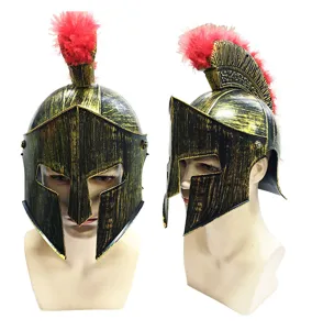 Ancient Roman Spartan warrior helmet with red feather crest, ideal for Halloween and cosplay.