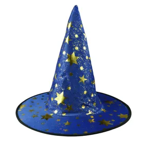 Blue starry witch hat detail shot, perfect for Halloween party costumes and magical performance props.