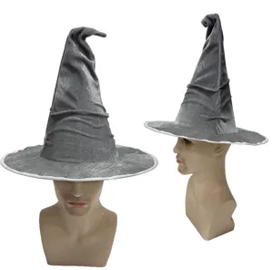 Grey velvet witch hat for Halloween party, crinkled pointy cosplay costume hat accessory.