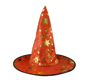 Detailed view of the red wizard hat featuring sparkling gold star patterns for festive events.