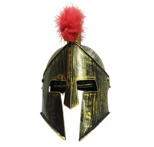 Spartan warrior helmet with red feather crest ancient Roman costume hat for Halloween party.