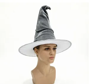 Details view of the elegant grey velvet witch hat with white brim for Halloween parties.
