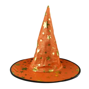 Detailed close-up of orange witch hat with gold star print, ideal for Halloween party props.