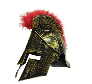Spartan warrior helmet detail with classic distressed black gold finish and bold red feather crest.