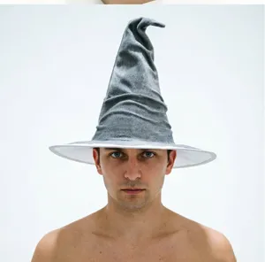 Detailed view of the grey wizard hat, featuring a classic crumpled pointy design for Halloween party.