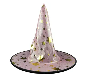 Detailed view of pink witch hat with gold stars for Halloween party costume and spooky cosplay.
