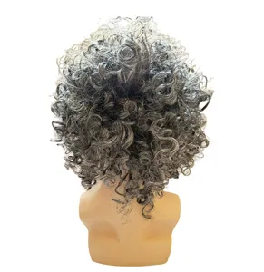 Close-up detail of fluffy curly grey wig texture, showing natural wave and human hair volume.
