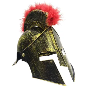 Roman warrior helmet with red feather crest, vintage black gold finish for party costume.